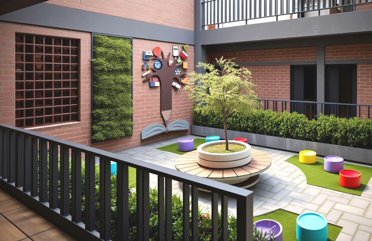 Landscaped school courtyard with visitor seating at Birla Open Minds campus, Coimbatore, constructed by Narpavi Property Developers Pvt Ltd