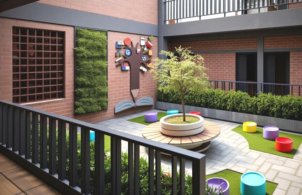 Landscaped school courtyard with visitor seating at Birla Open Minds campus, Coimbatore, constructed by Narpavi Property Developers Pvt Ltd